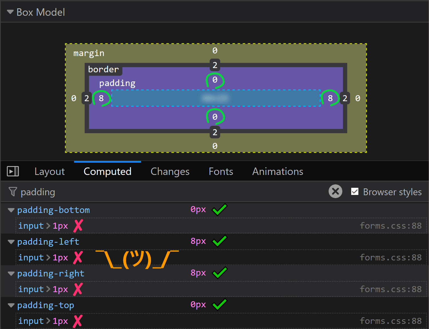 Screenshot of Firefox DevTools showing how the computed padding value on <input type='color'> isn't the one that was set on input, even if no override seems to be happening.