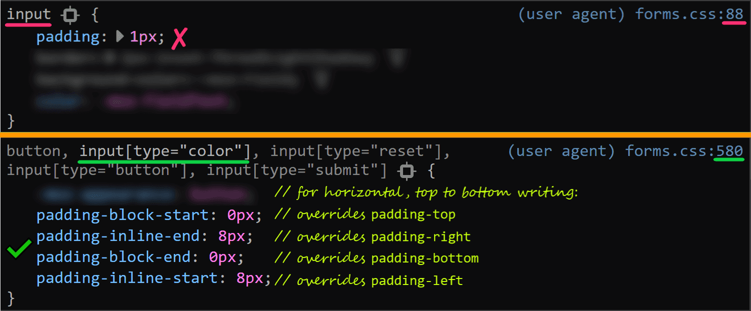 Screenshot of Firefox DevTools showing the flow-relative padding overriding the old padding due to higher specificity of selector (input[type='color'] vs. input).