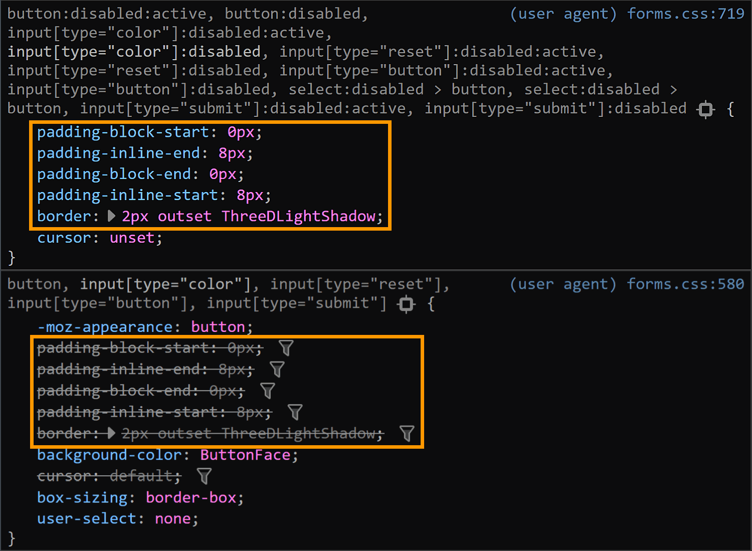 Comparison of styles set in Firefox for <input type='color'> in its normal state and its :disabled state. The padding and border set in the :disabled case are exactly the same as those set in the normal case.