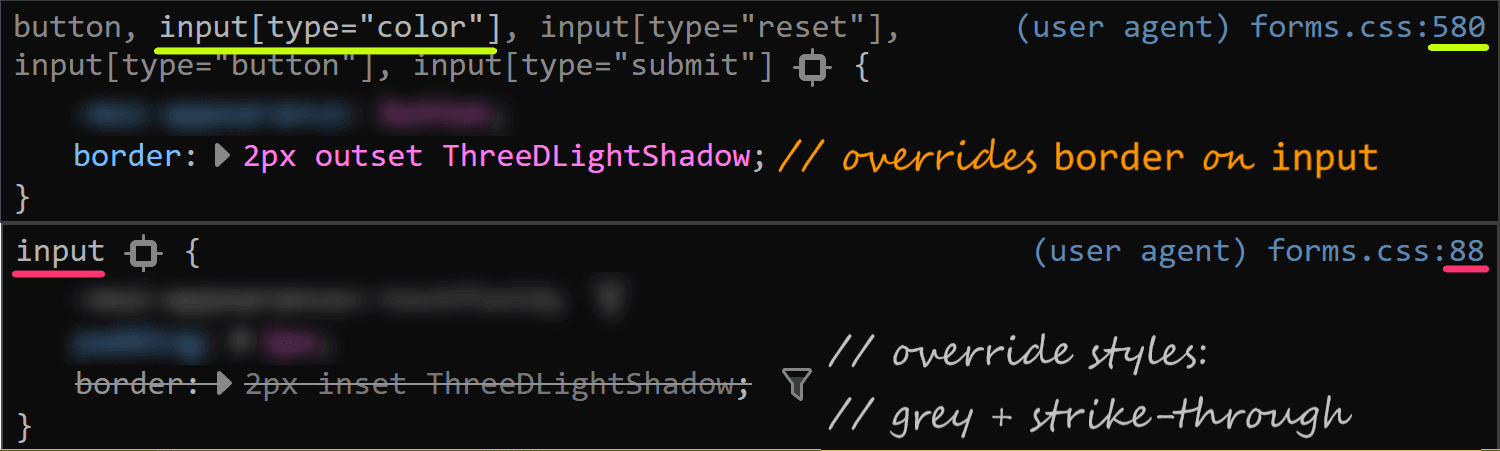 Screenshot of Firefox DevTools highlighting how the border set on input[type='color'] overrides the one set on input and the look (grey + strike-through) of overridden properties.