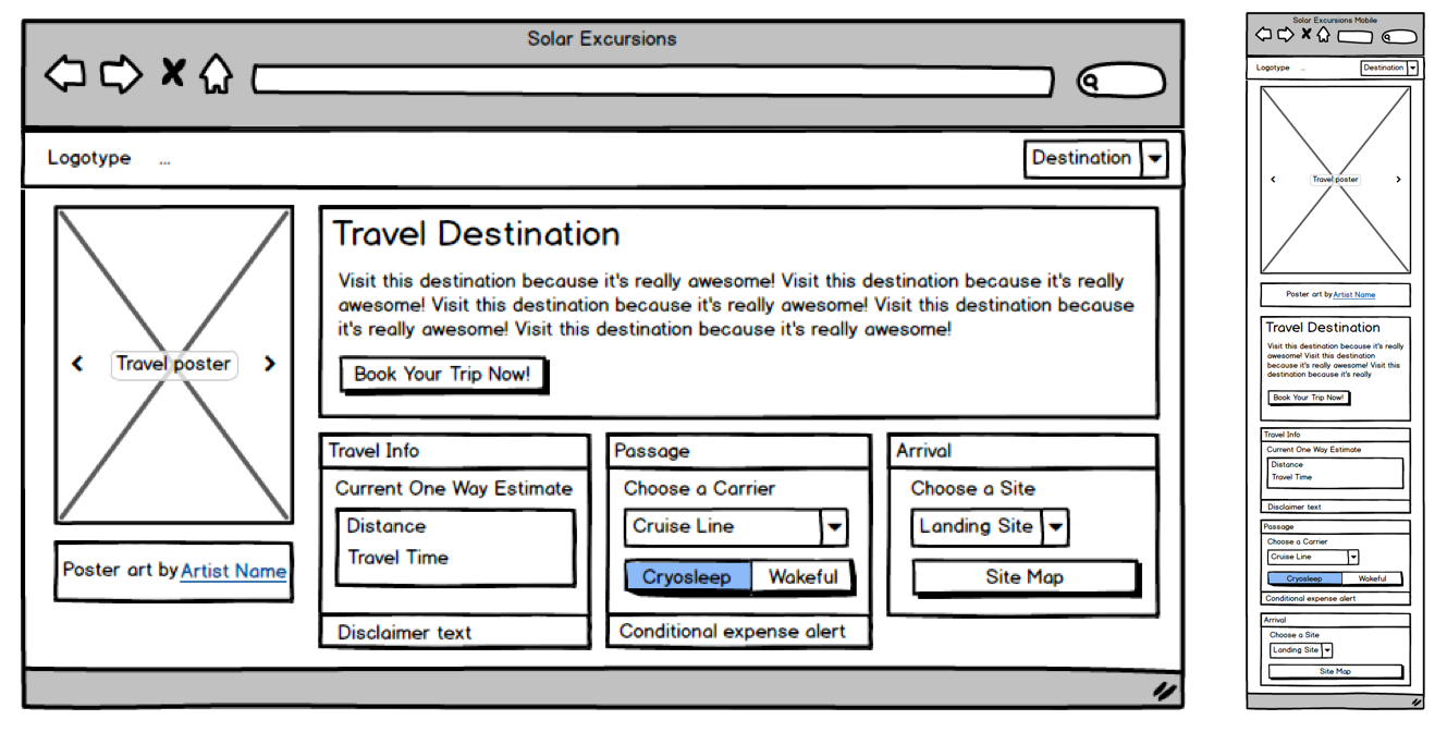 A desktop and mobile mockup of the proposed layout for the page, side by side with the desktop mockup on the left. Both mockups use rough black and white layouts of the various components for the screen.