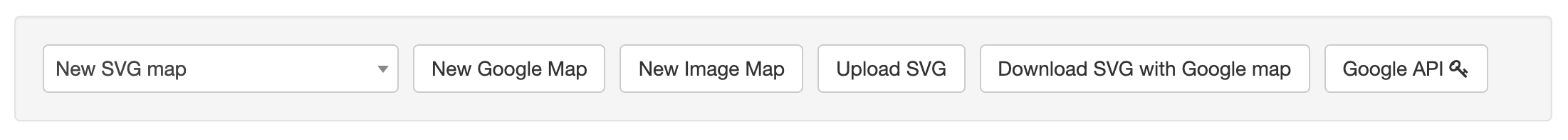 A screenshot of the MapSVG settings with options for the type of map to create. Options include Google Map, image map, upload SVG, download SVG with Google map, and Google API.