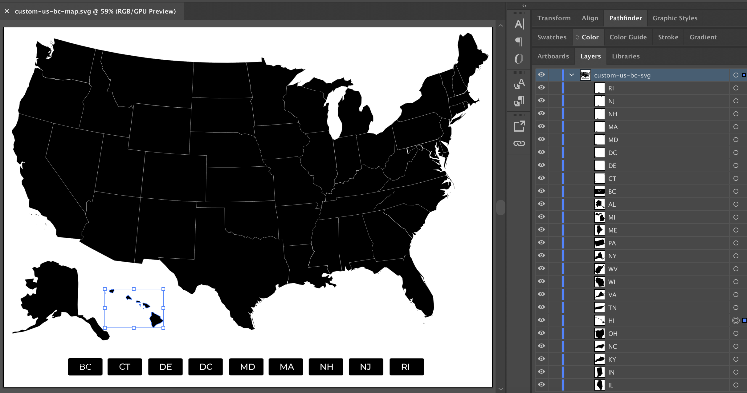 A screenshot of a black United States country map in Adobe Illustrator with the map on the left side and the layers panel on the right showing all of the image paths.