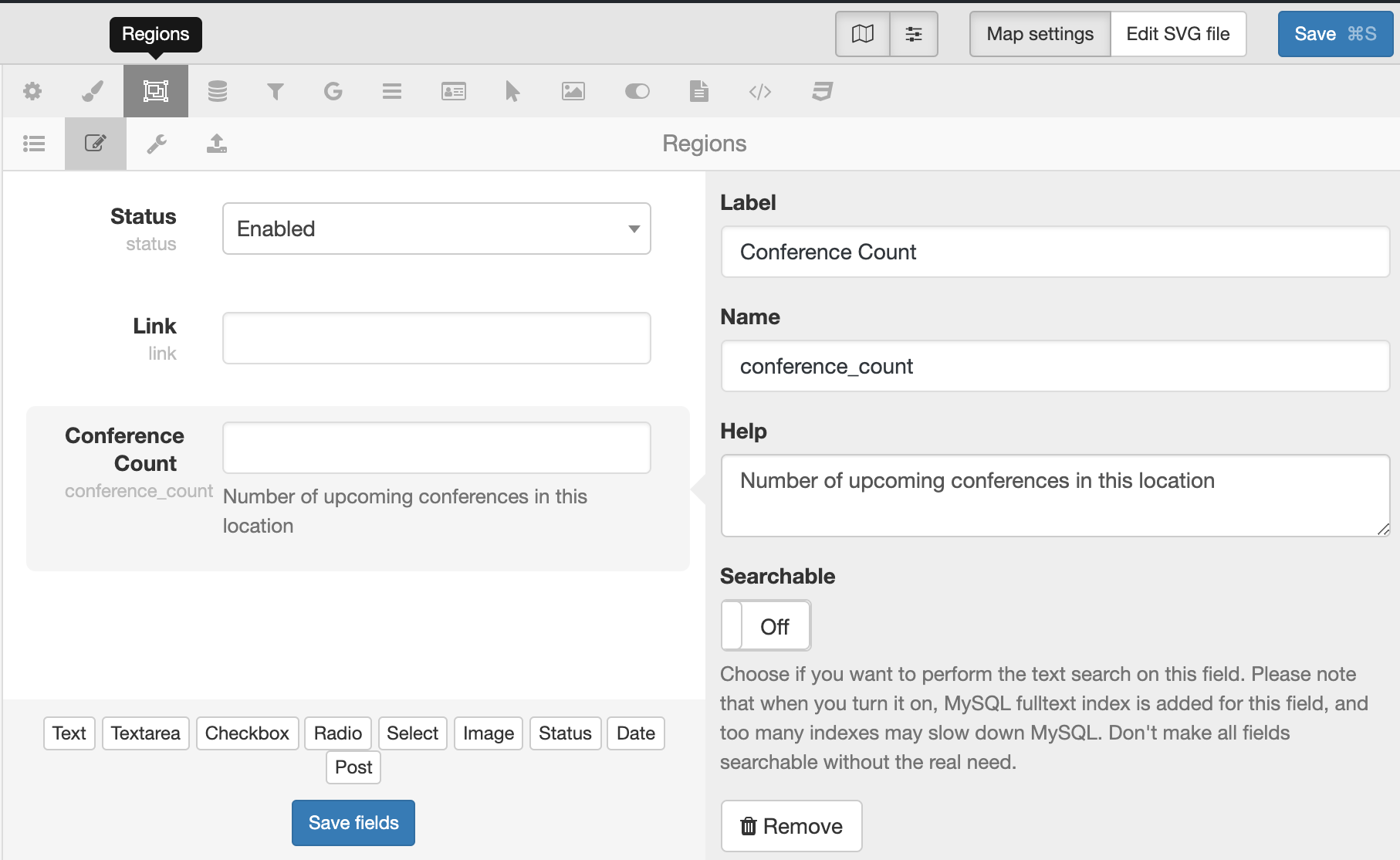 A screenshot of the MapSVG regions settings. It includes fields for label and name as well as custom fields for status, link and conference count.