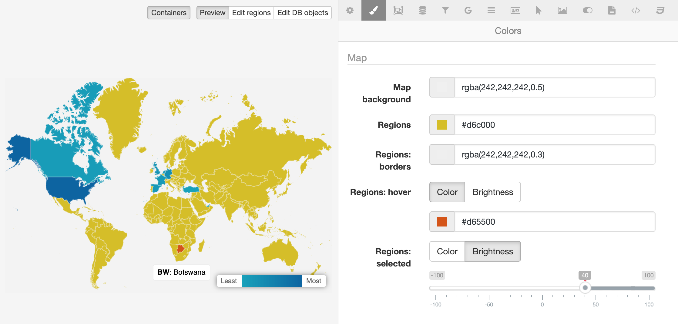 A screenshot of the MapSVG screen for color settings. A preview of the map is displayed on the left side and option fields on the right for background, borders, regions, and hover effects.