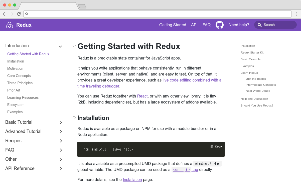 A screenshot of the Redux documentation homepage with the headline Getting Started with Redux.