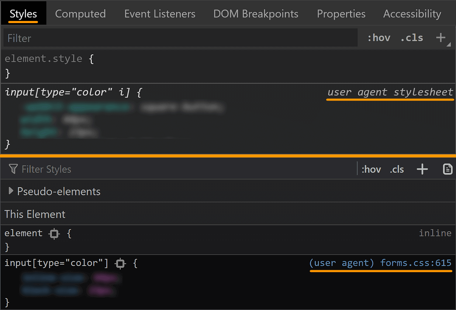 Screenshot collage of Chrome DevTools and Firefox DevTools showing where to look for user agent styles: Elements > Styles in Chrome and Inspector > Styles in Firefox.