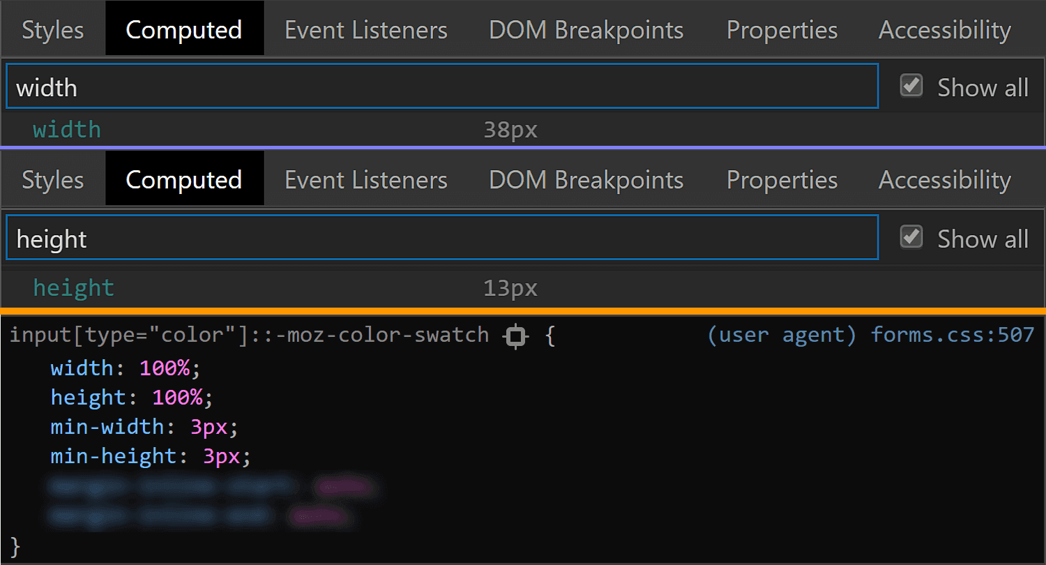 Comparative screenshots of DevTools in the two browsers showing the size values for the swatch component.