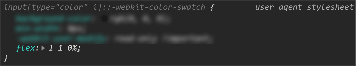 Chrome DevTools screenshot showing the flex value for the swatch wrapper.