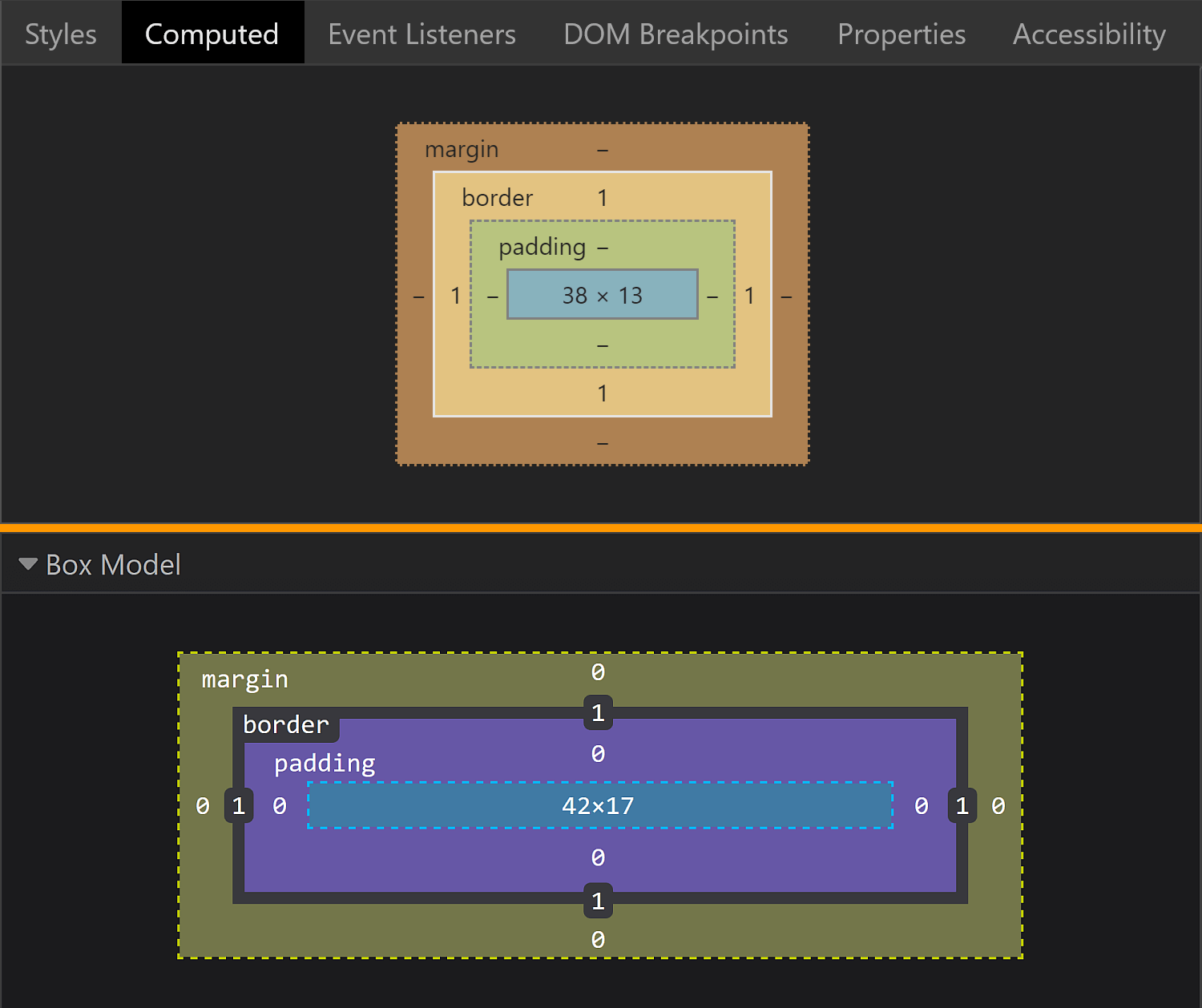 Comparative screenshots of DevTools in the two browsers showing the box model for the swatch component.