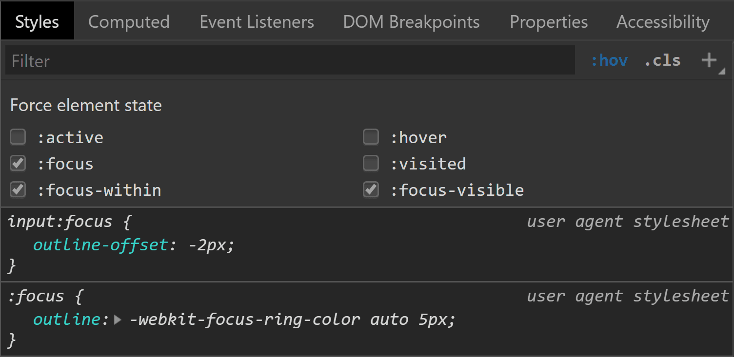 Chrome DevTools screenshot showing an outline for an input having <code>:focus</code>.