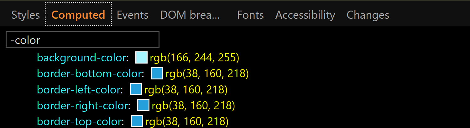 Screenshot of Edge DevTools showing the computed value for background-color and border-color in the :hover state.