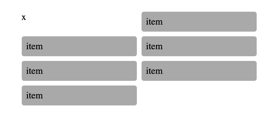 Six items in a two-by-two grid, but with a seventh item at the beginning, pushing elements over by one