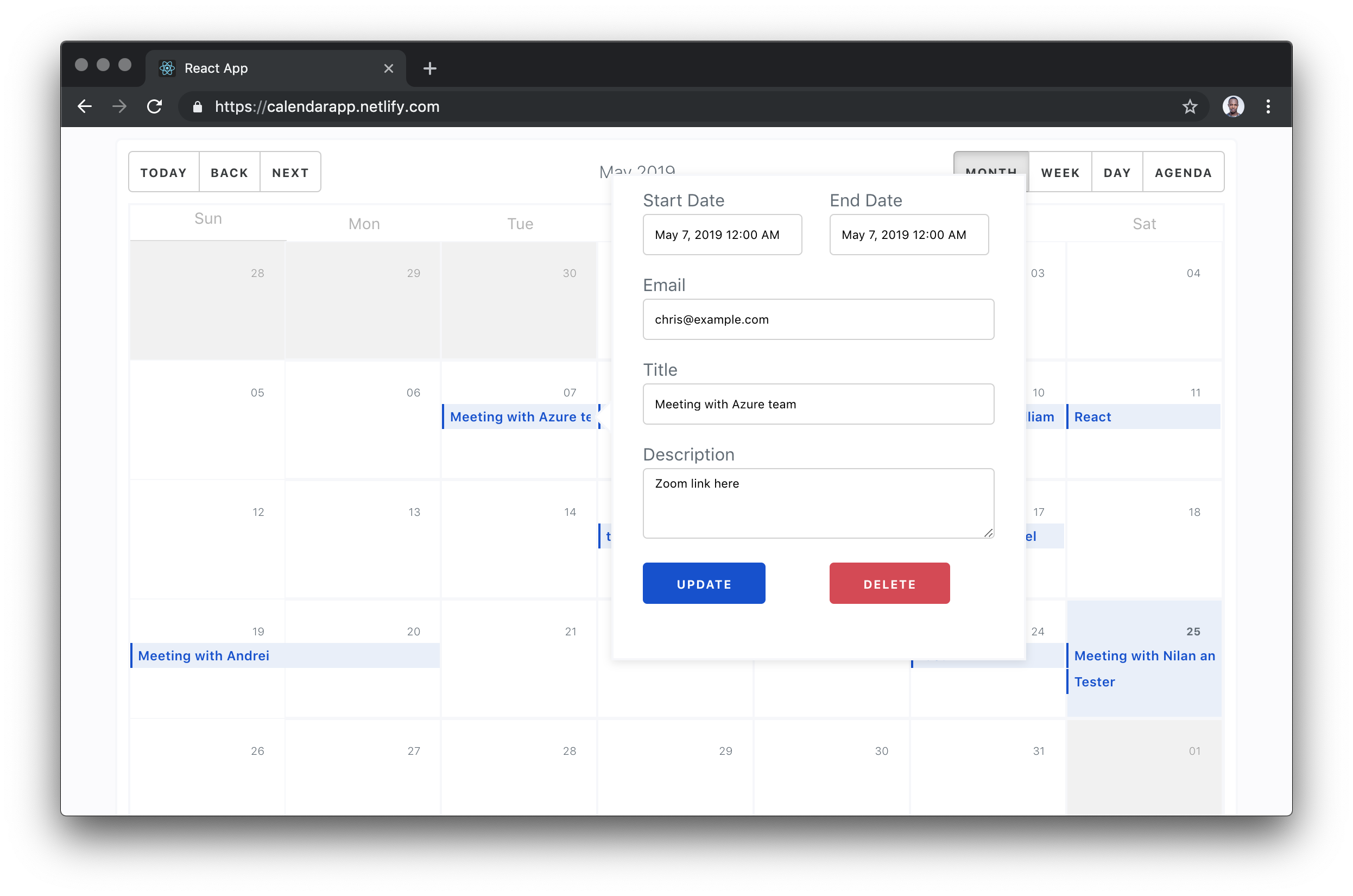 A calendar month view with a pop-up form for creating a new event as an overlay.