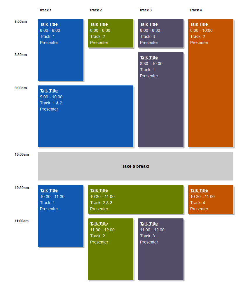 A schedule with 4 tracks of presentations (columns) and 6 times slots. The length of sessions vary, and some talks span multiple tracks.