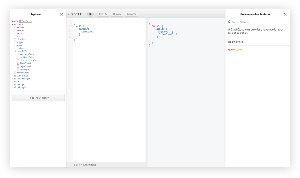 The GraphiQL interface. There are four panels from left to right showing the explorer, query variables and documentation.