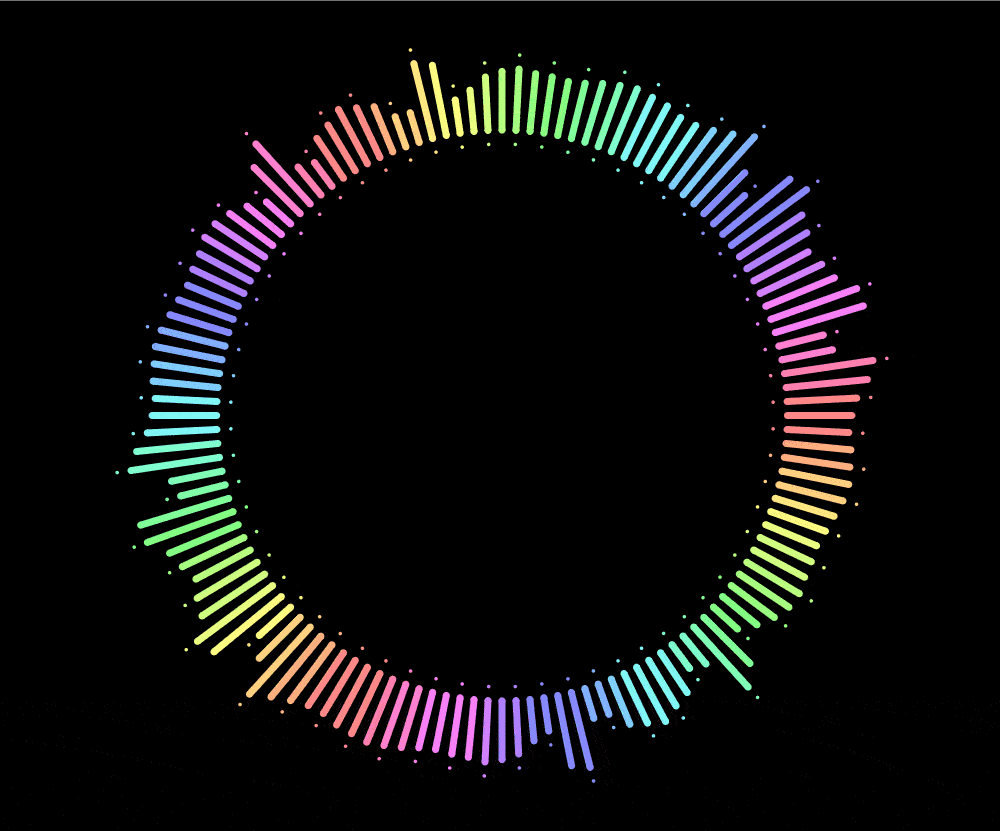 Animated gif. Shows spikes distributed on a circle shrinking/ expanding along their length, with the dots at their ends moving along.