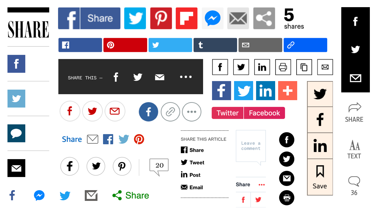 A collage of various share buttons from sites across the web.