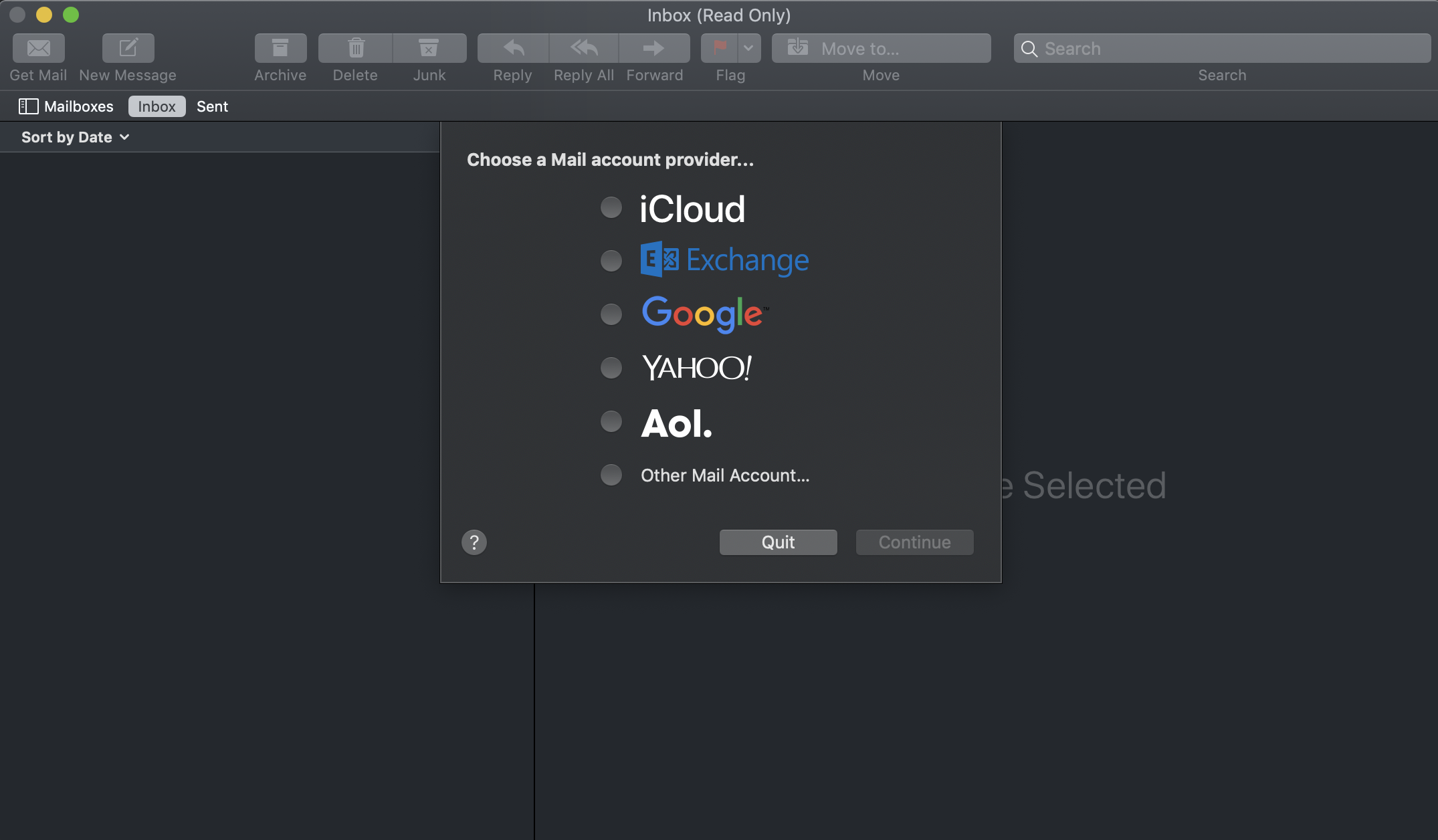 Screenshot of the share options offered by Mac's email application, including iCloud, Exchange, Google, Yahoo and AOL.