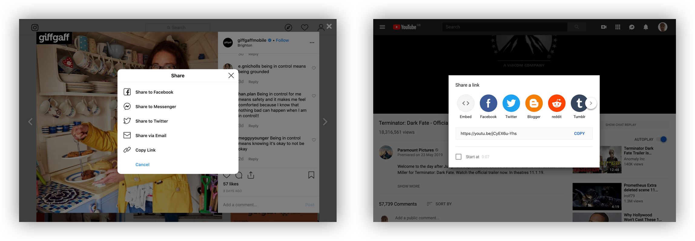Comparing Instagram and YouTube share options on desktop.