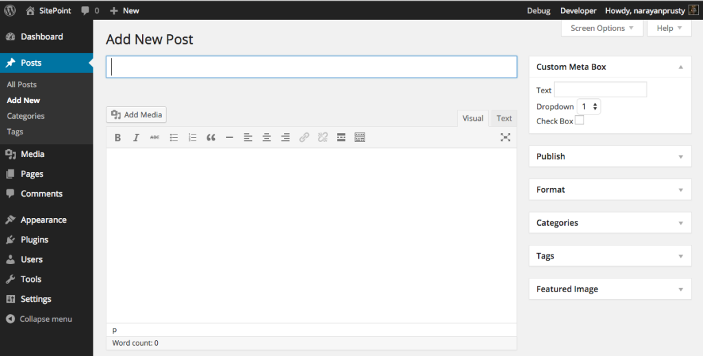 The WordPress editor showing a field for the post title and a text area for the post content.