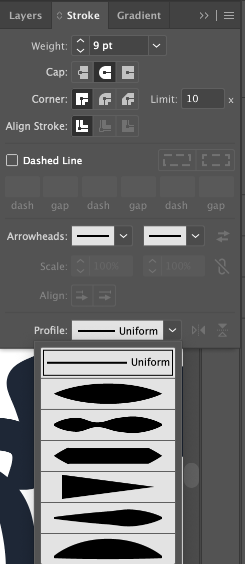 Screenshot of the Illustrator Stroke menu.