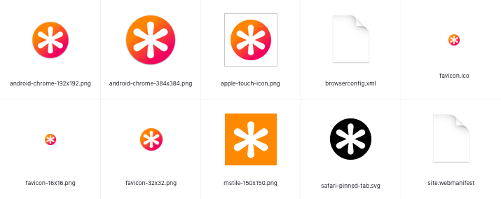 Icon output from realfavicongenerator.net arranged in a grid using CSS-Trick’s logo. There are two rows of five icons: android-chrome-192x192.png, android-chrome-384x384.png, apple-touch-icon.png, favicon-16x16.png, favicon-32x32.png, mstile-150x150.png, safari-pinned-tab.svg, favicon.ico, browserconfig.xml, and site.webmanifest.