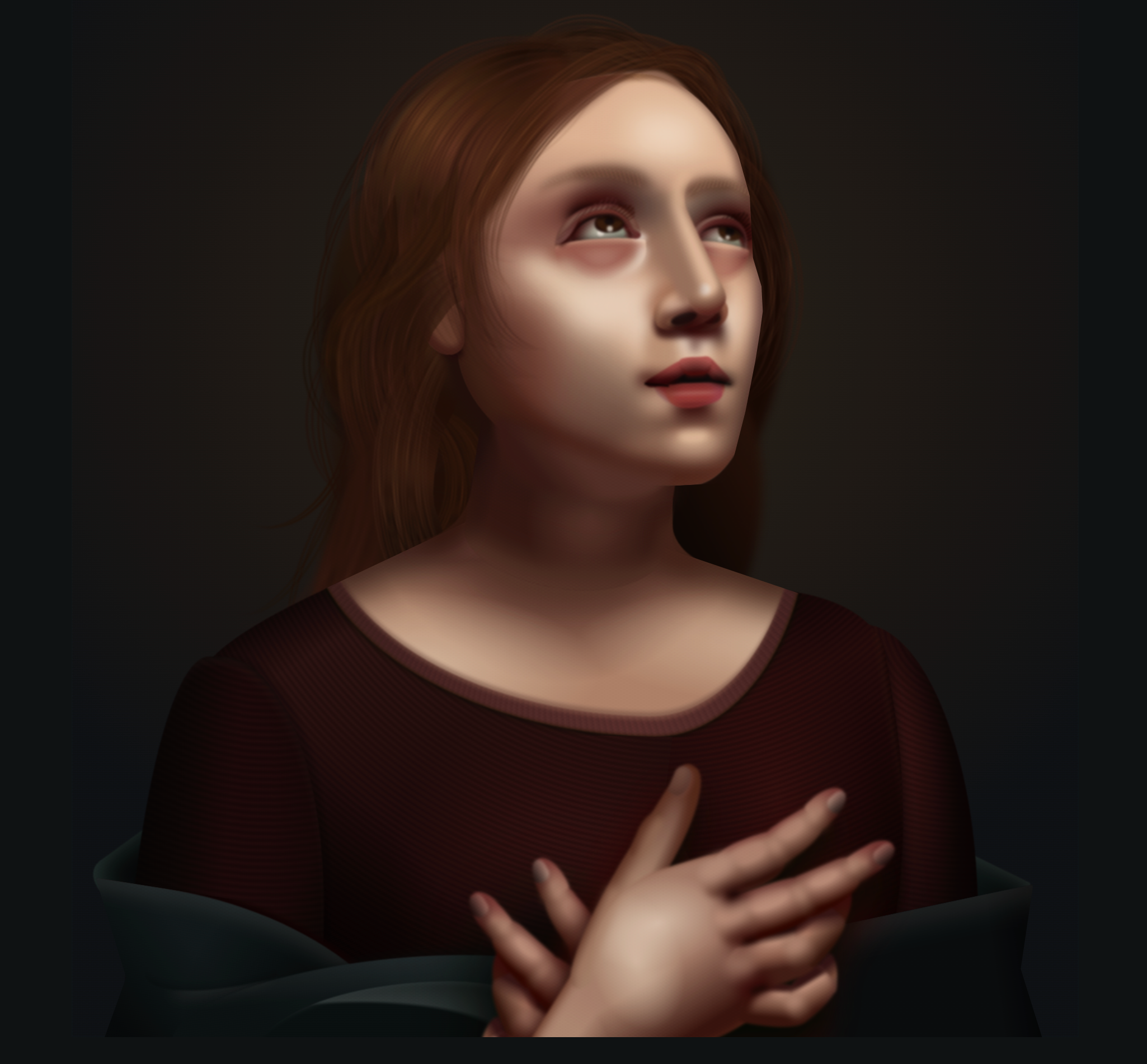 Screenshot of a realistic looking woman gazing up with her hards across her chest.