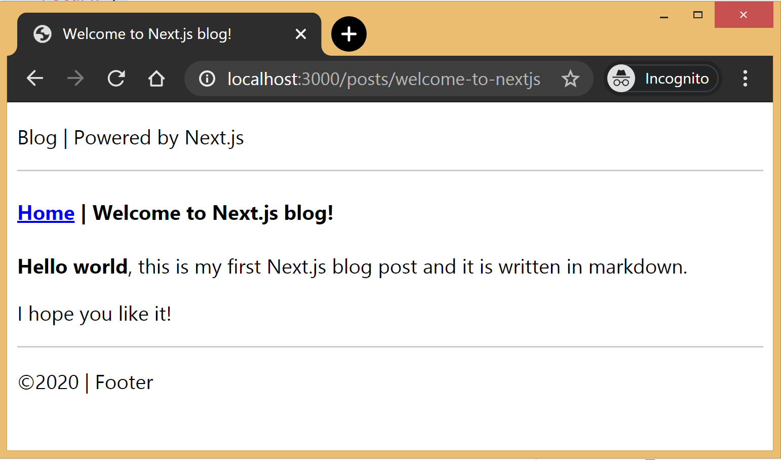 Screenshot of the blog page showing a welcome header and a hello world blue above the footer.