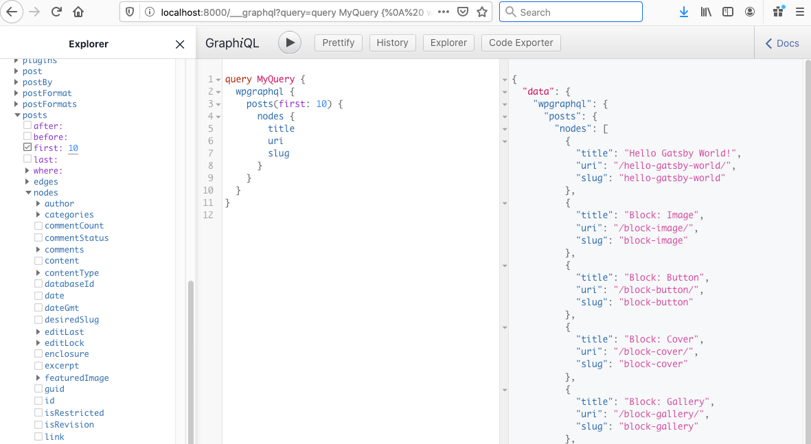 Screenshot showing the GraphQL query interface with the explorer on the left, the query in the center, and the returned data on the right.