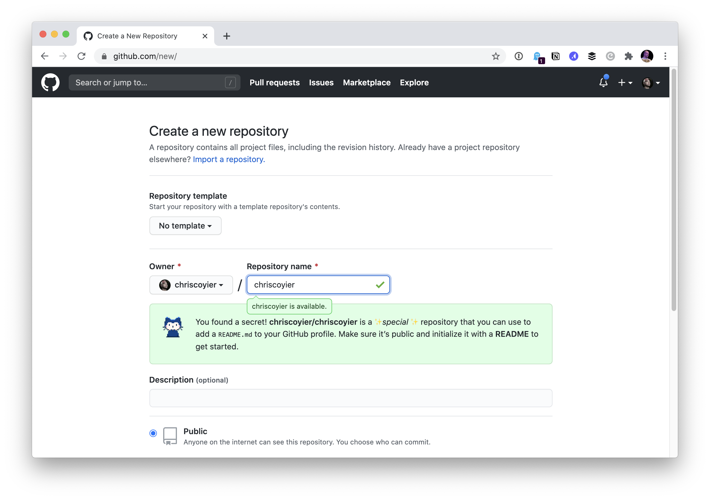 Screenshot showing the create new repo screen on GitHub. The repository name is set to chriscoyier.