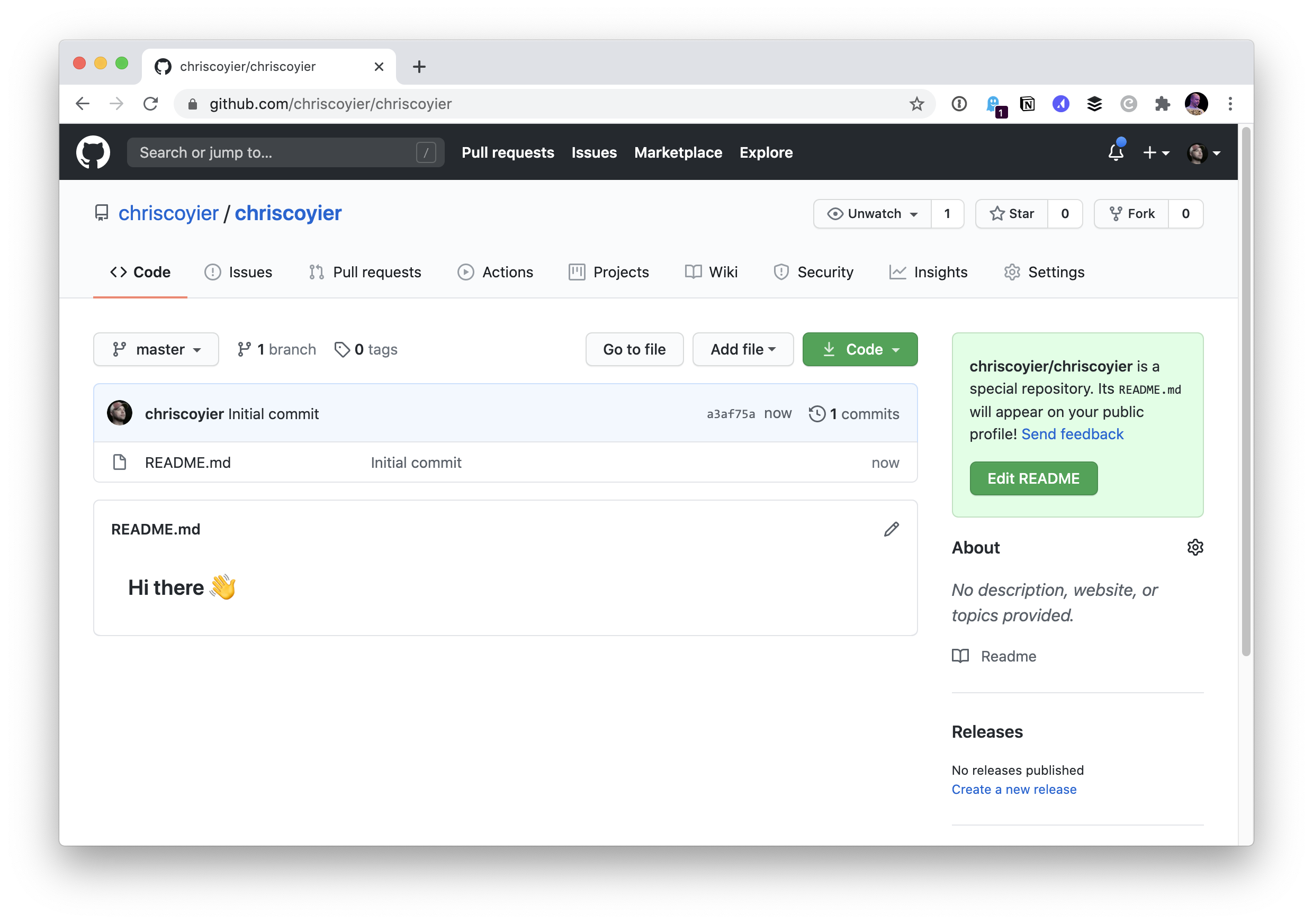 Screenshot of the code section of the chriscoyier repo, which only contains a read me file that says hi there.