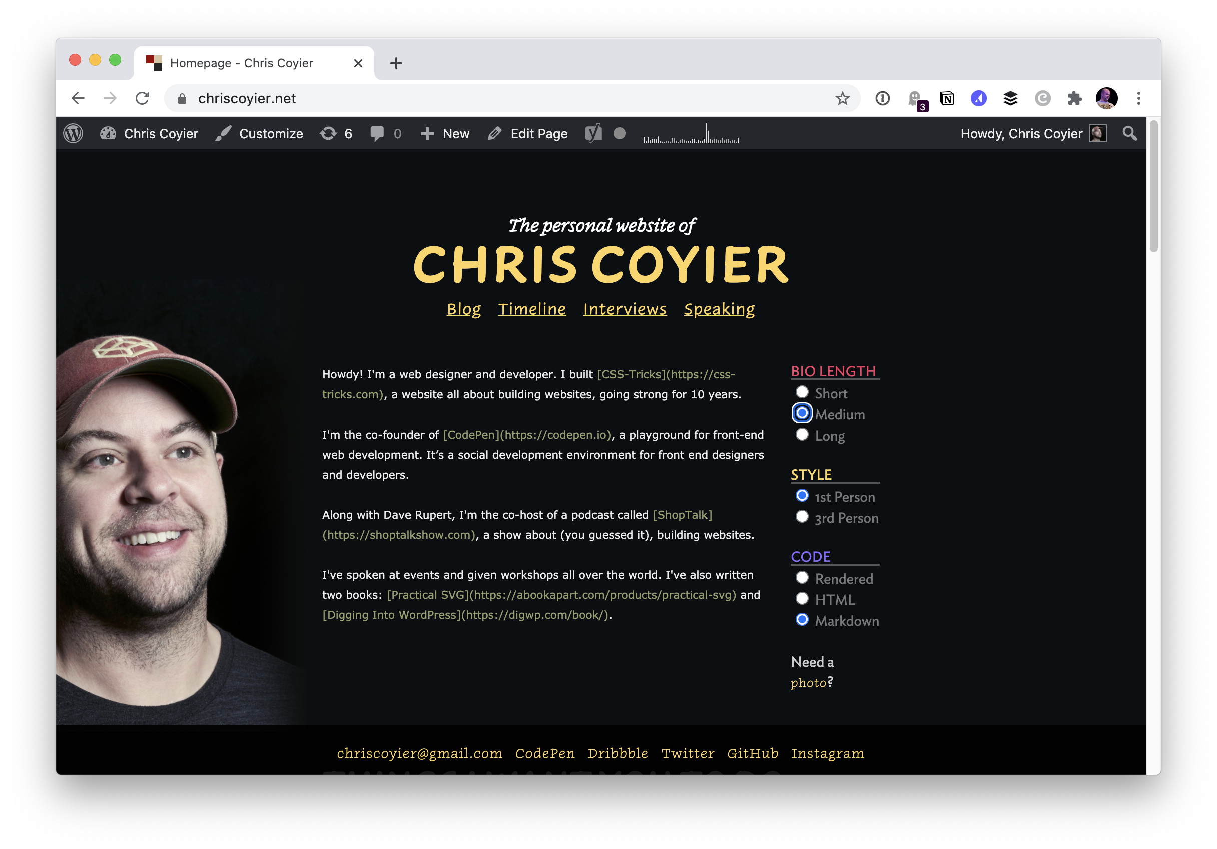 Screenshot of Chris Coyier's personal website homepage. It has a dark background and a large picture of Chris wearing a red CodePen hat next to some text welcoming people to the site.