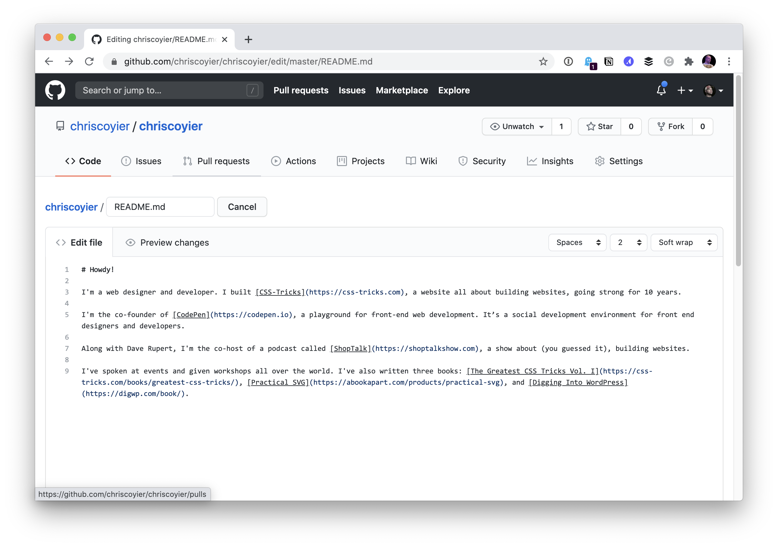 Screenshot showing the Markdown code from the personal website in the GitHub editor.