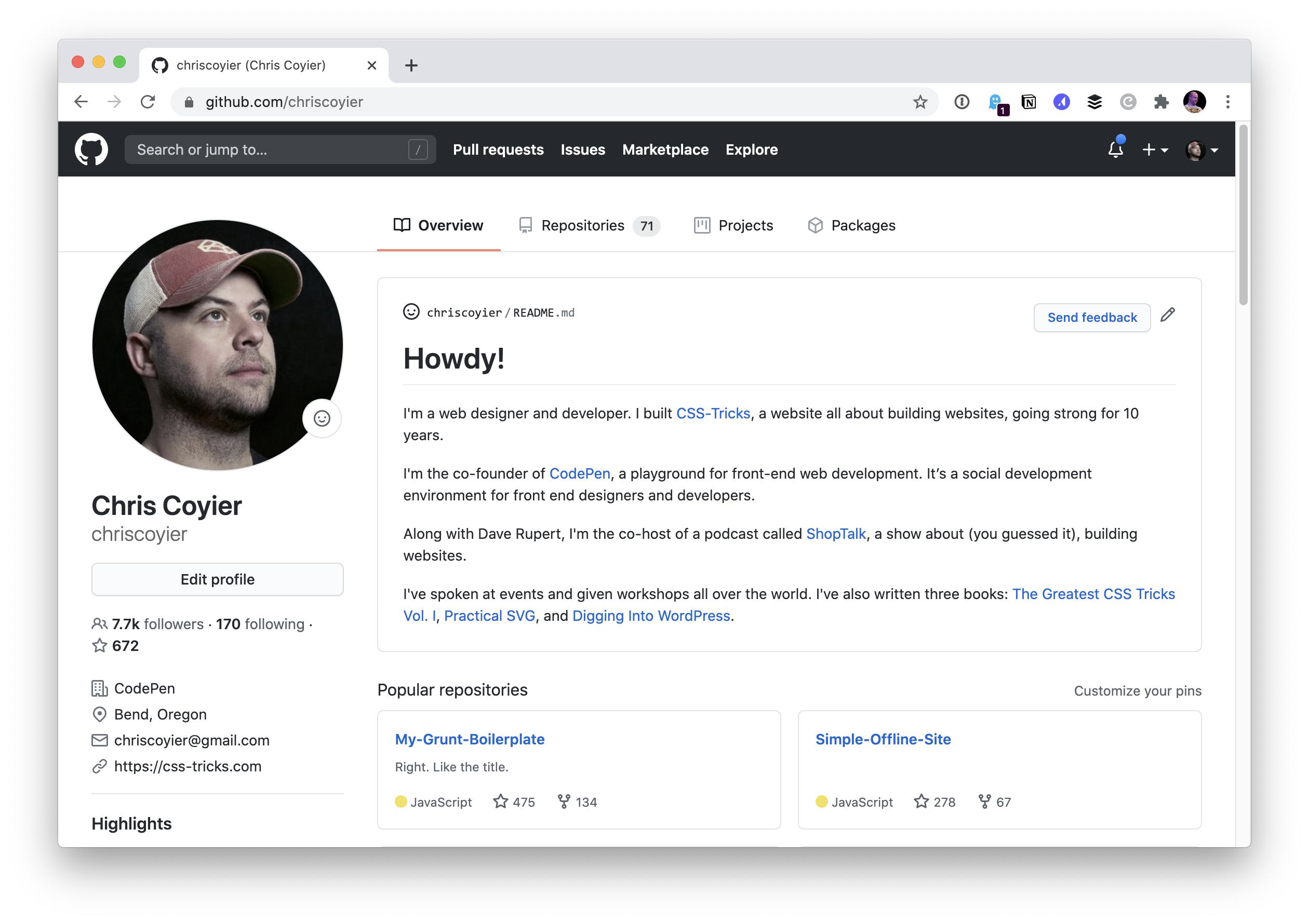 Screenshot of the updated GitHub profile page, showing the welcome text from the personal website homepage.