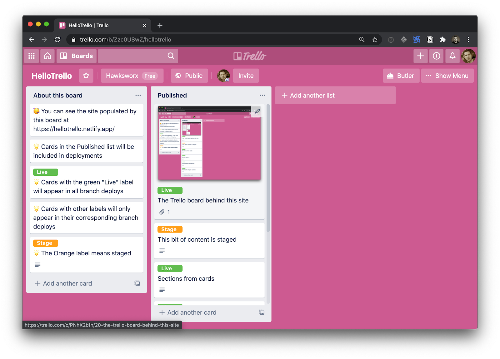 Screenshot of the Trello board with a bright pink background. It has cards in a column called Published.