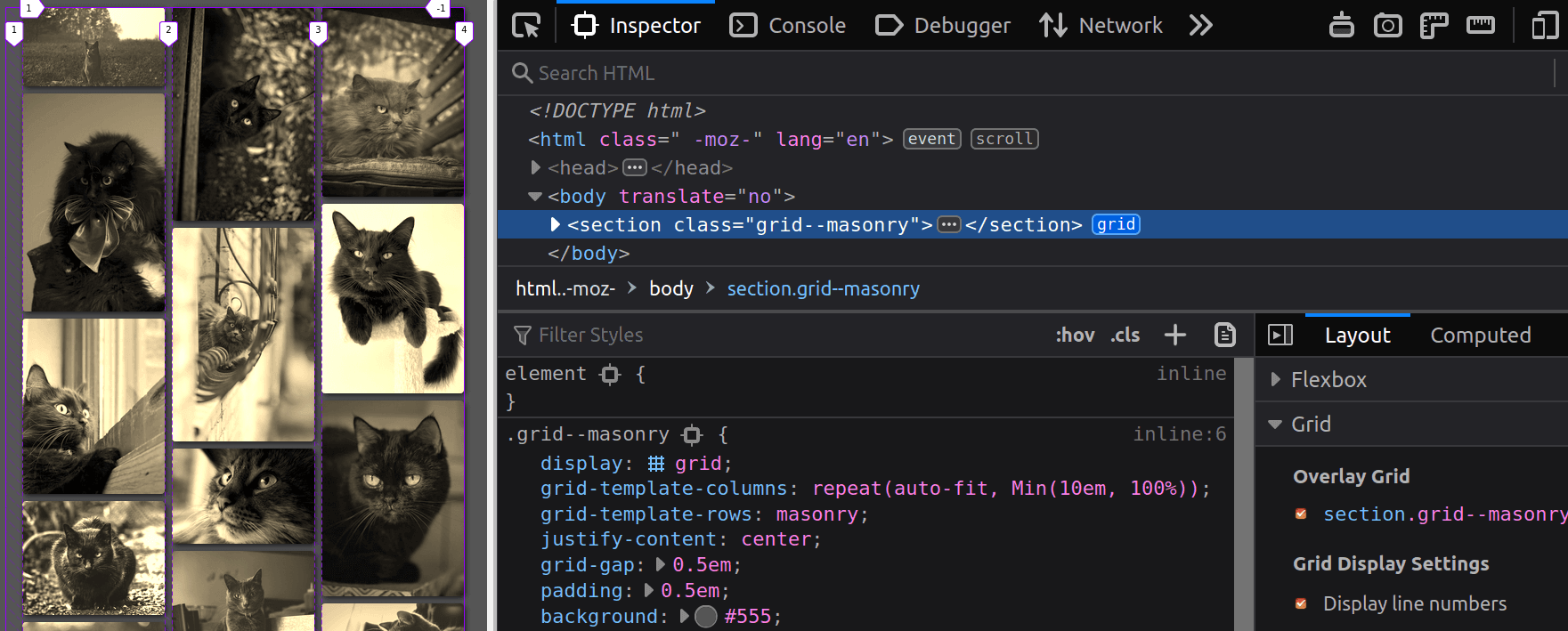 Screenshot showing the masonry result in Firefox alongside DevTools where we can see what's under the hood.