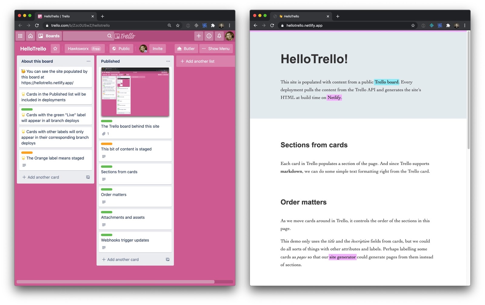 Two webpages side-by-side. The left is a Trello board with a bright pink background. The right is a screenshot of the build website using Trello data.