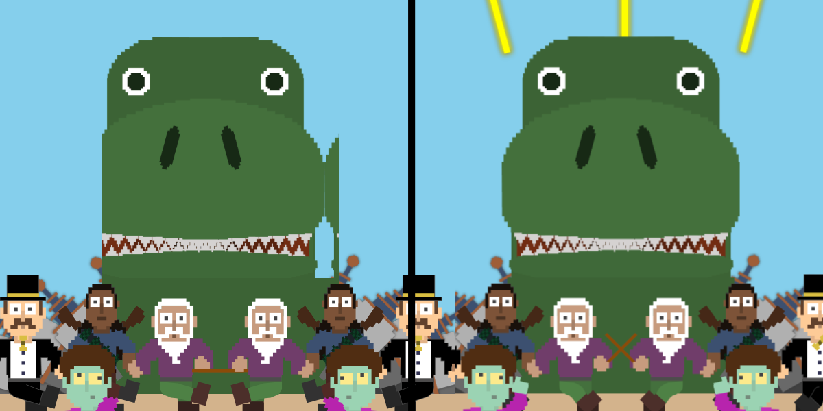 A large green dinosaur behind a crowd of people, all facing and looking forward.