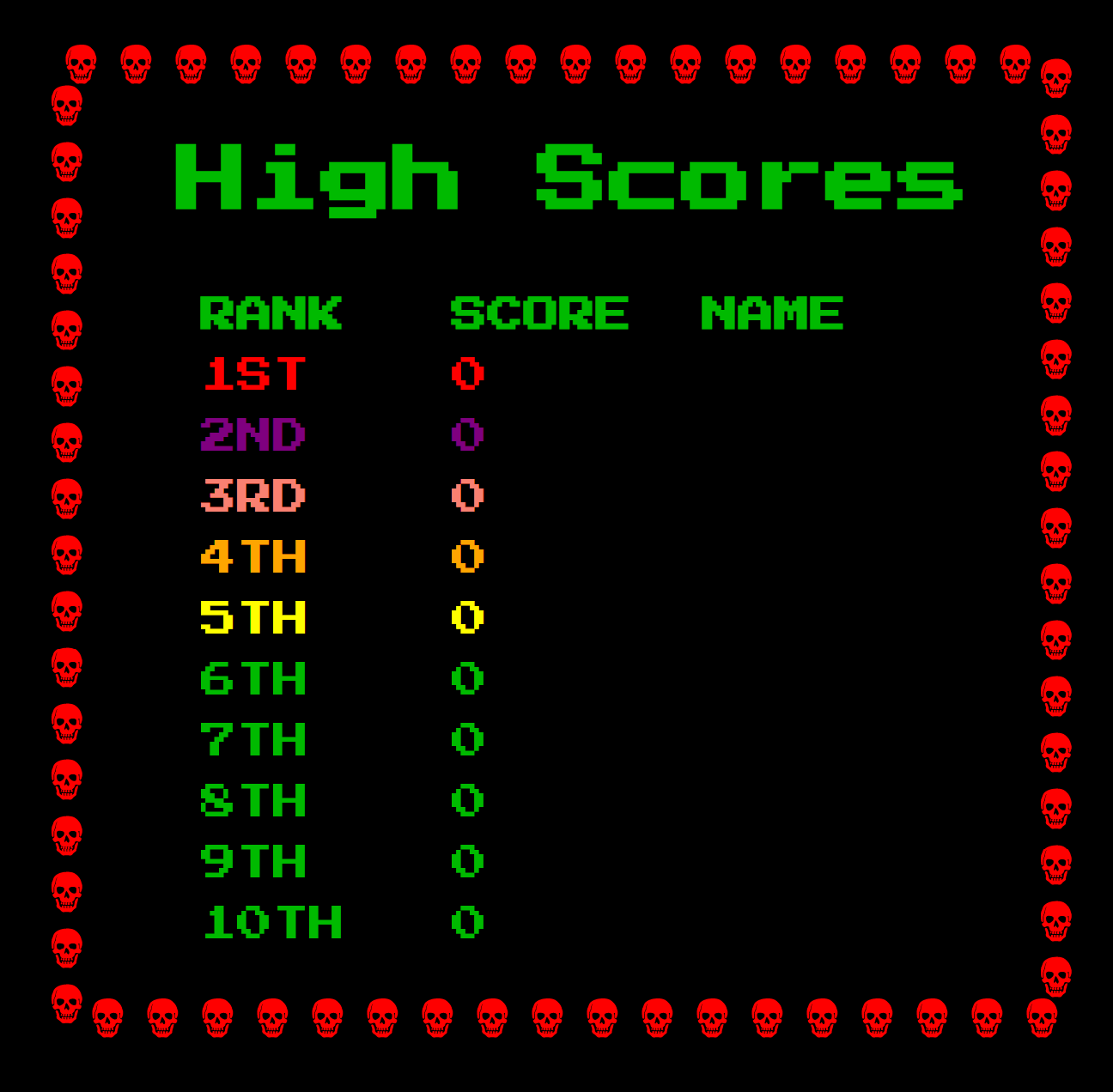 Animated gif of red skulls moving around a list of high scores in a retro arcade font that go from first place to tenth place.
