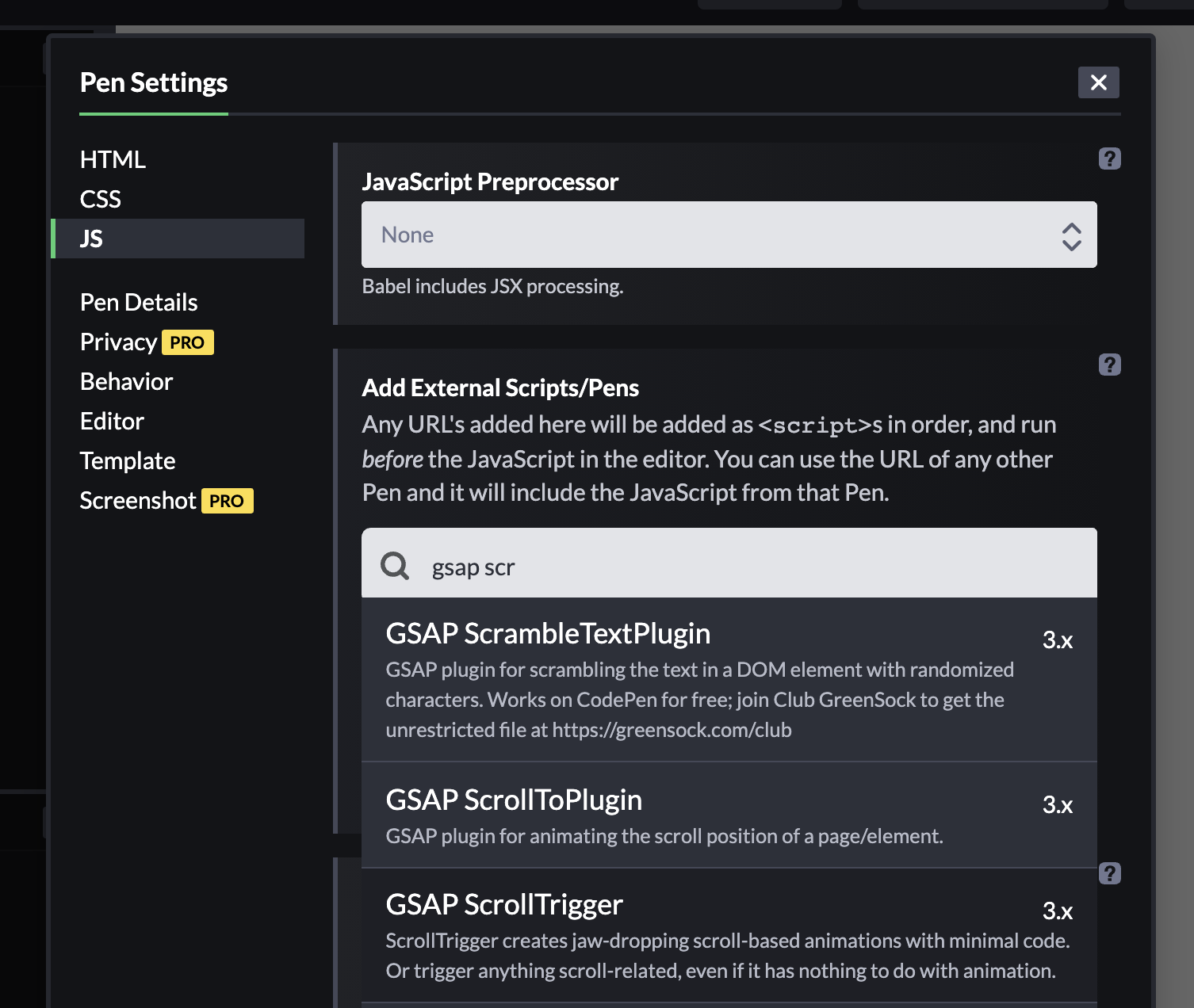 Screenshot of CodePen JavaScript settings with a completed search for greensock scroll to plugin in the external scripts section.