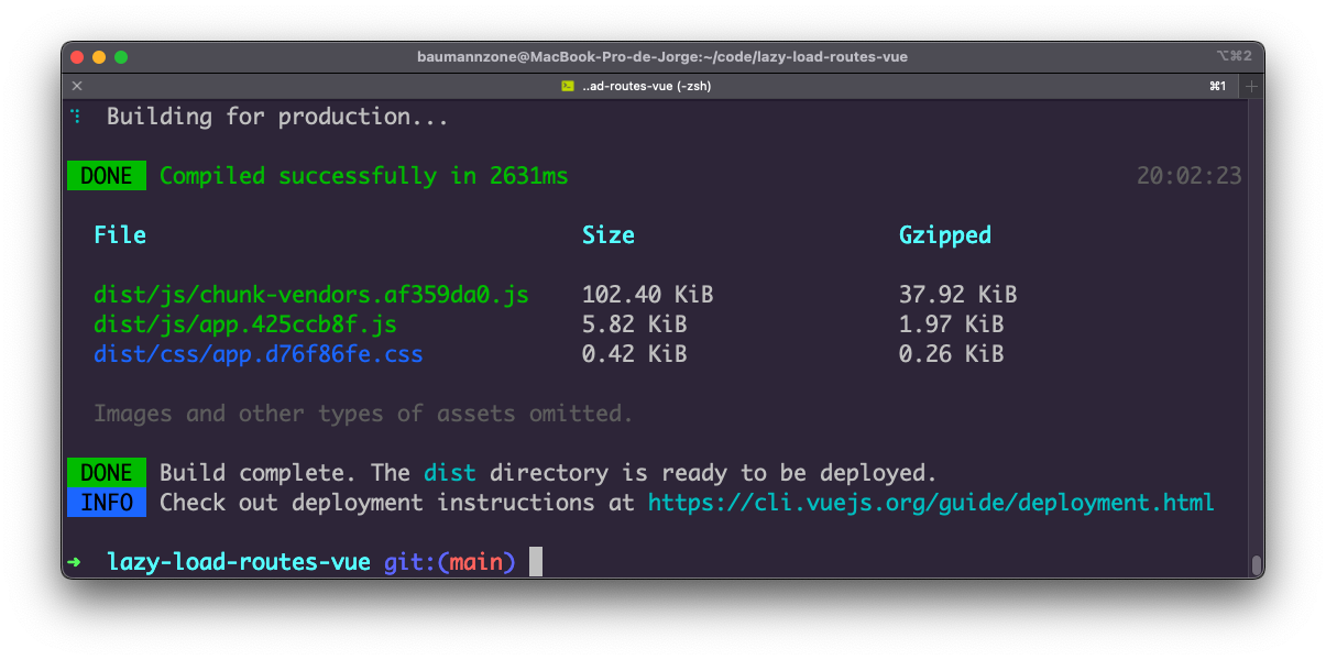 This is a terminal screenshot with a dark purple background with text in white green and blue. The content shows the final build after compiling.