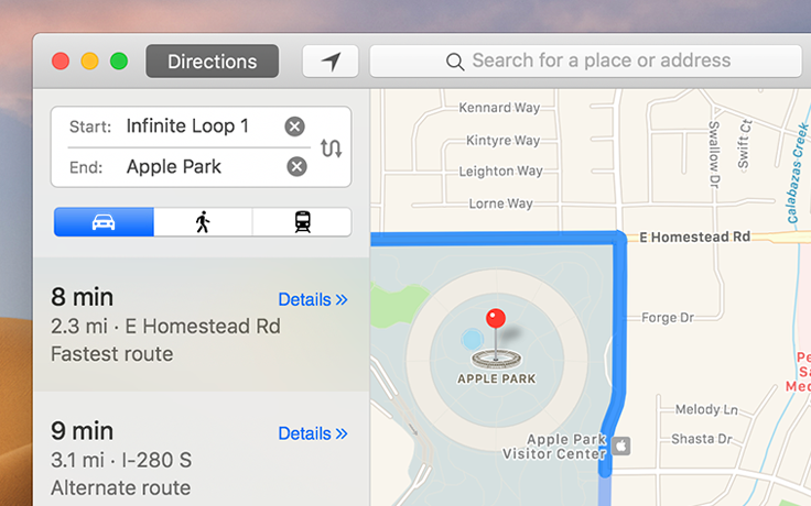 Screenshot of Apple's Maps app. The left column contains the map addresses and different route options with an opaque background that lightly blends in with the desktop background. The right column contains the map and does not blend in with the background.