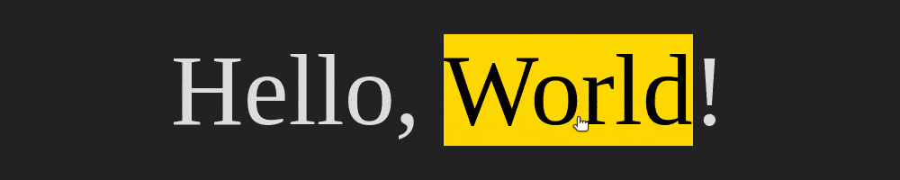 Animated gif. On hover, the gold pseudo rectangle suddenly shows up and is blended with the gold link text using the difference blend mode, thus making the latter black.