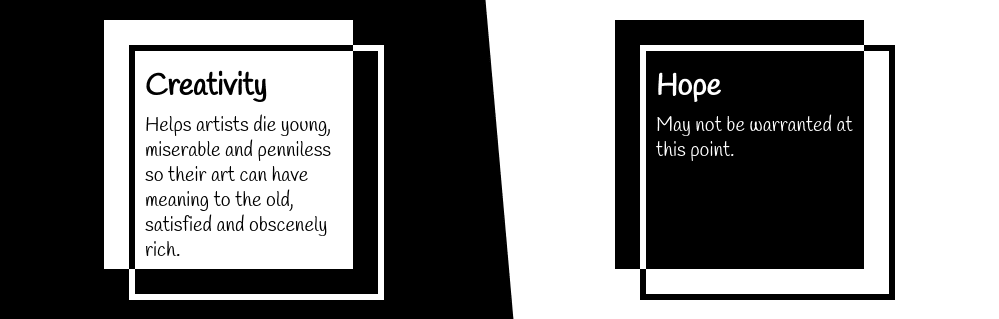 Screenshot. Shows square boxes of text XORed with their offset frames that use the same `color` as the `background-color` of the box (either black or white).