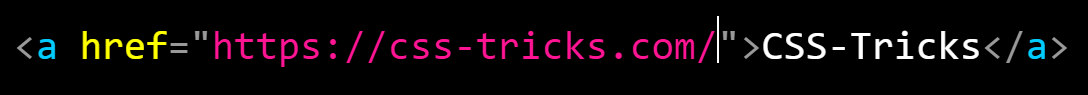 HTML markup for a link element pointed to CSS tricks in a syntax-highlighted monospace font on a black background.