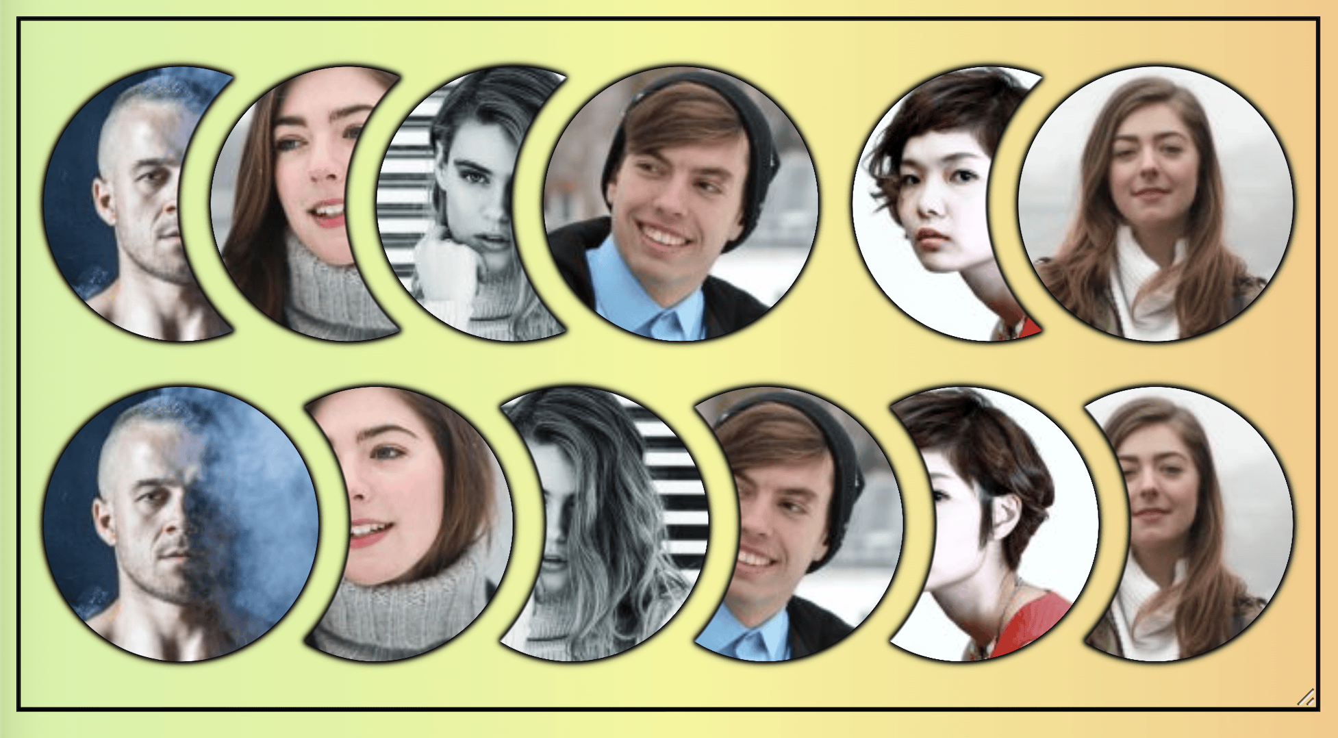 Two rows of circular avatar images. The images overlap with one another. Teach row has six images.