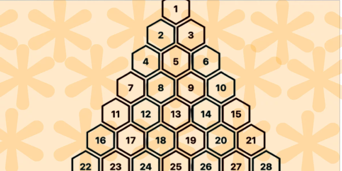 A stack of hexagon shapes arrange in a pyramid grid. Each shape is labeled 1 through 28.