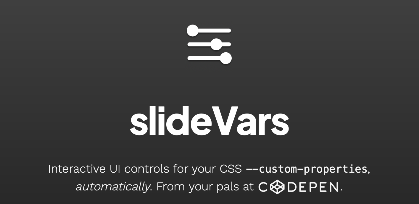 Screenshot of the CodePen's slideVars page header. Control icon above the heading slideVars in white on a dark gray background.