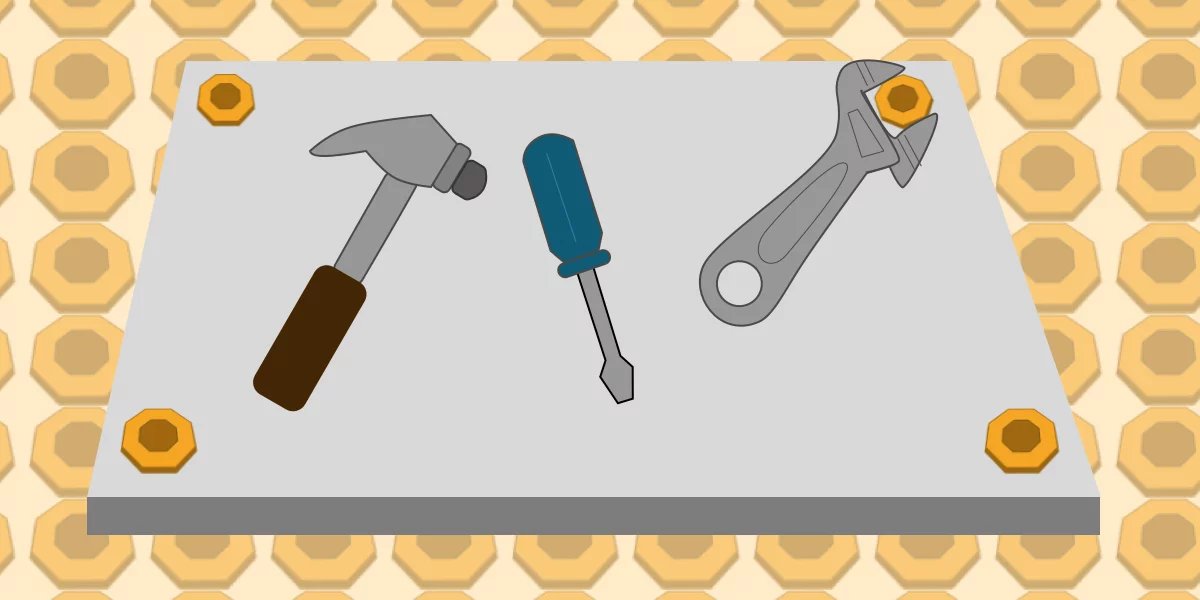 Illustrated tools including a hammer, screwdriver, and wrench, which is tightening one of four bolts in the top-right corner of a slab of concrete.